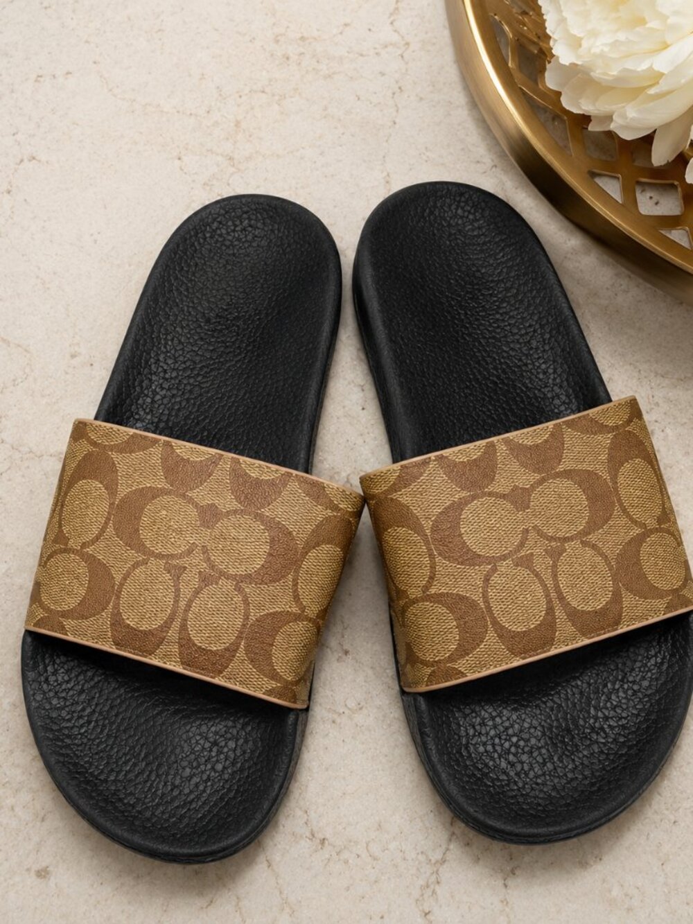 Coach Udele Signature Slide Sandals Size 8 Khaki Brown Monogram FG3474 EUC